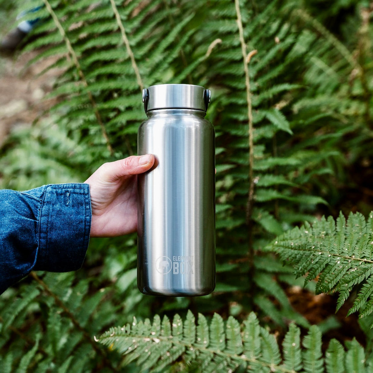 Person holding a silver water bottle with a forest background