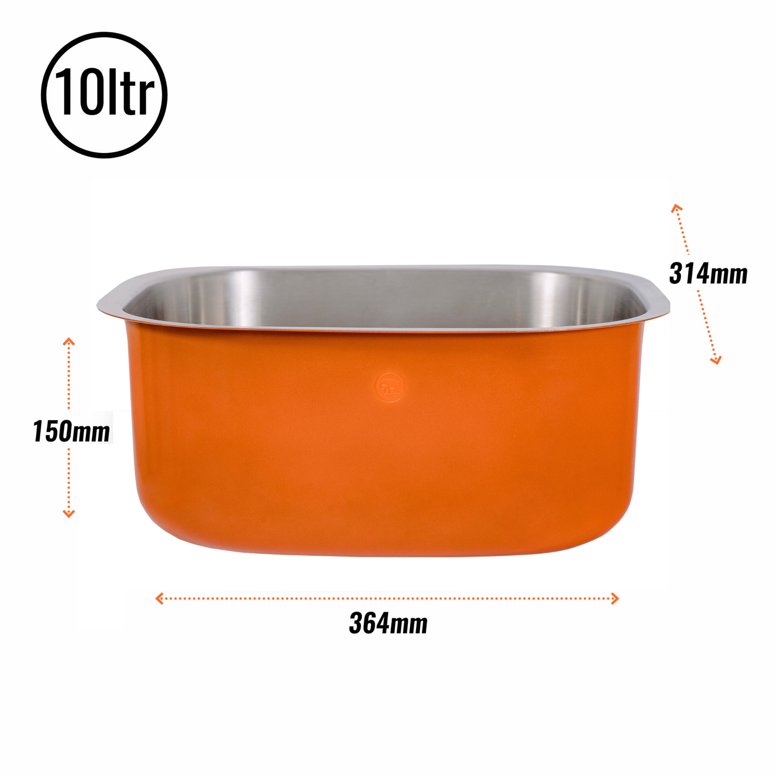 A large 10 litre stainless steel washing up bowl with a vibrant orange powder coat finish.