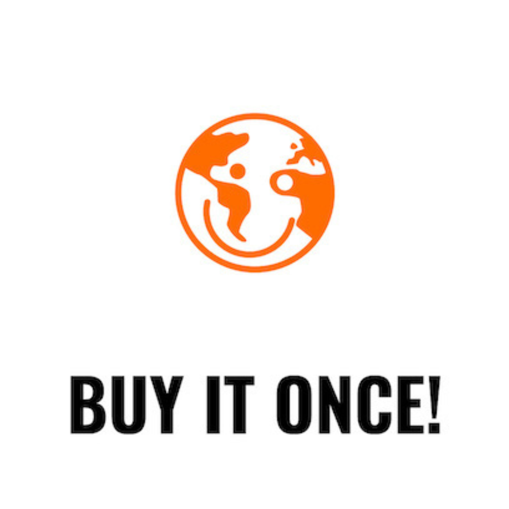 Logo with an orange circle and black text 'BUY IT ONCE!' on a white background