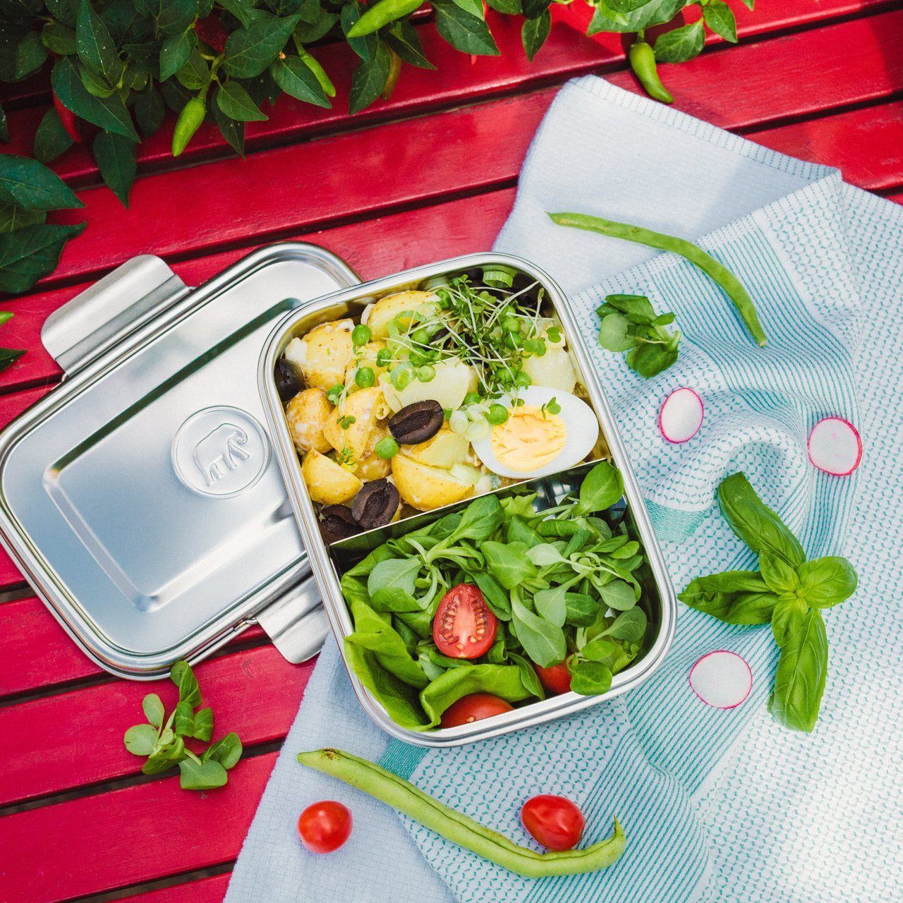 A medium-sized brushed steel lunch box with a velcro band and a elephant box logo embossed onto the lid. The lun box has two secure stainless steel clips on one side