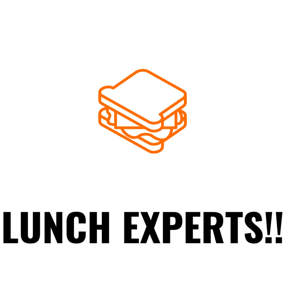Logo with an orange sandwich icon and 'LUNCH EXPERTS!!' text on a white background