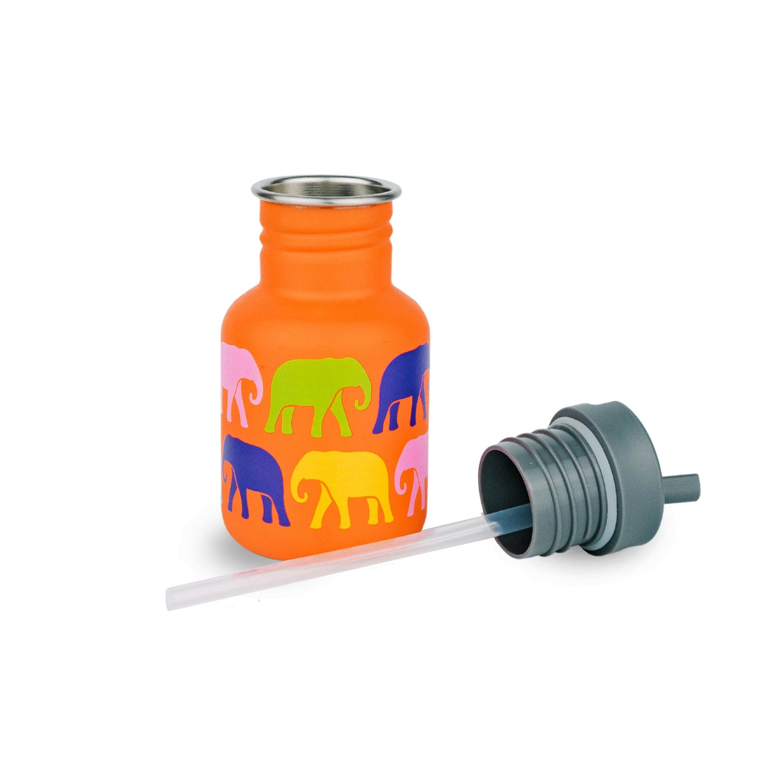 Colorful water bottle with elephant design, showing a sports cap with silicone straw on a white background