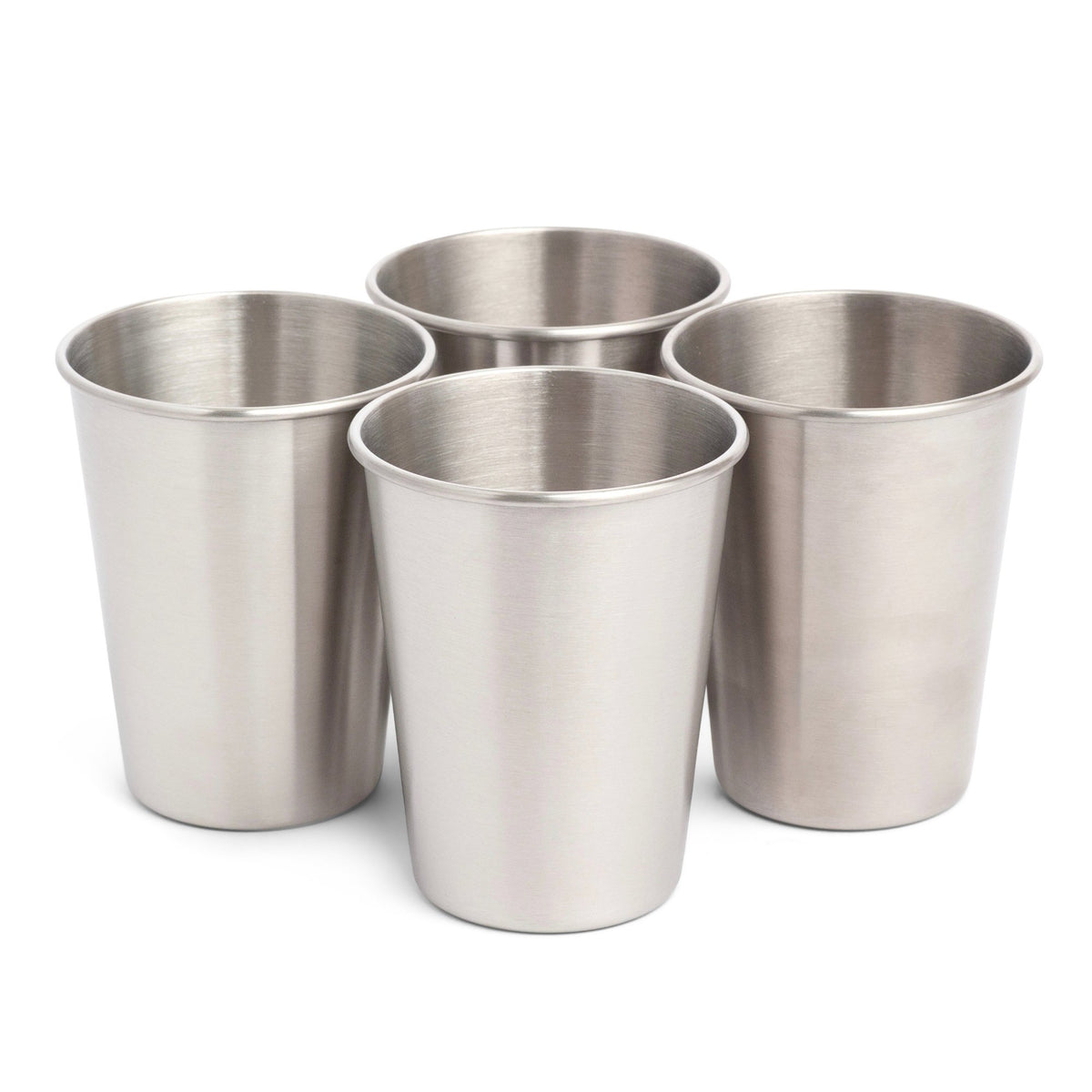 A set of four 350ml stainless steel cups arranged on a surface.