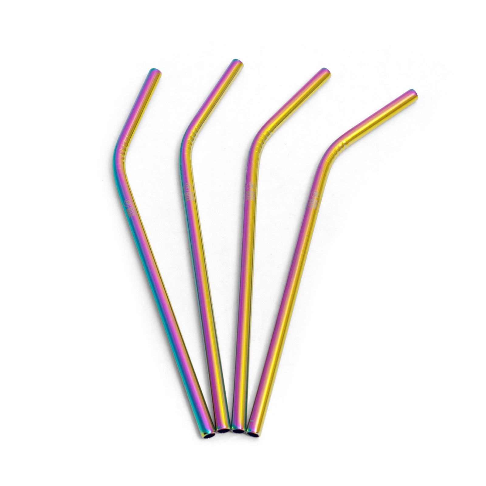 A pack of four multicolored stainless steel straws, bent and designed to fit in drinking bottles.