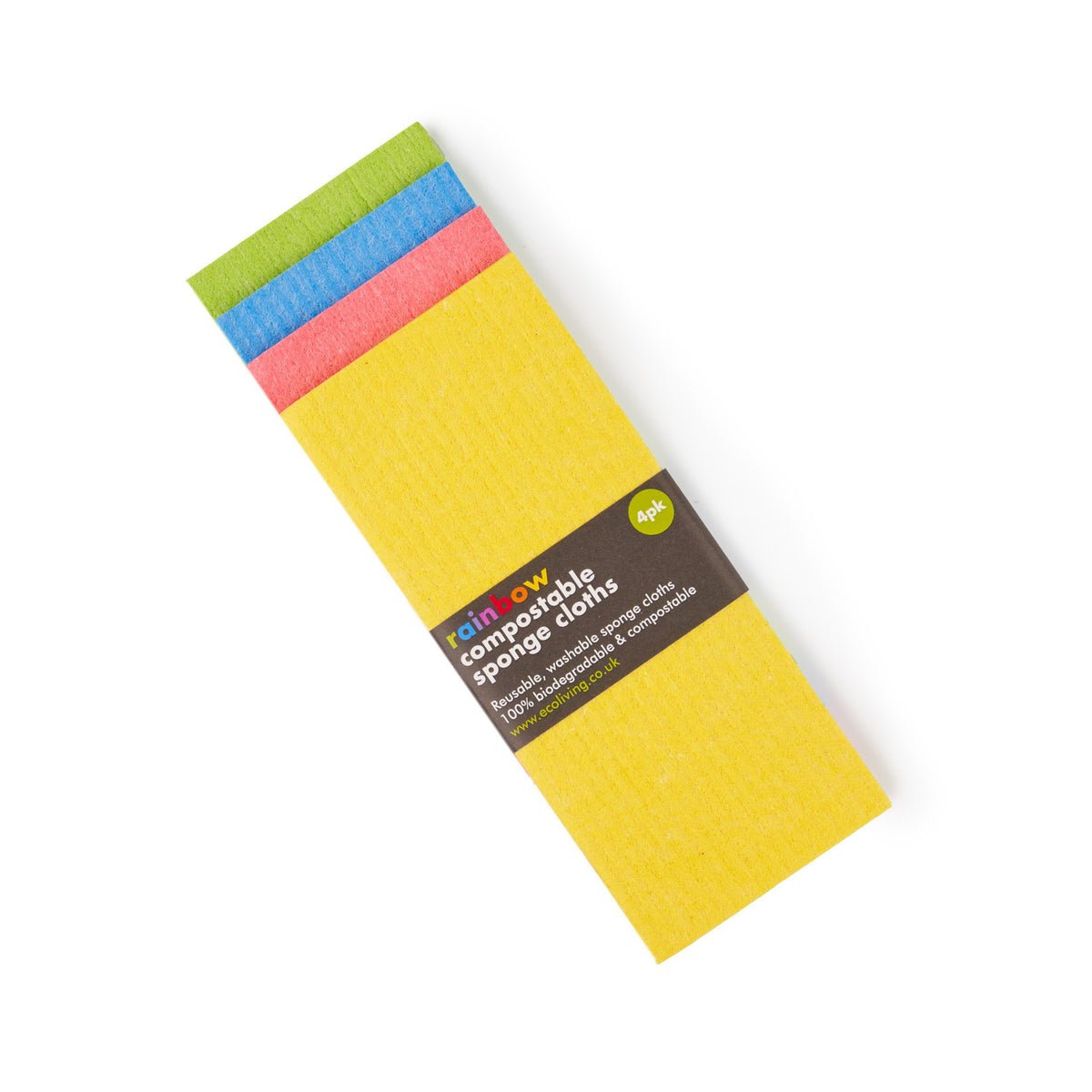 a pack of 4 colourful compostable cleaning cloths - colours are yellow pink blue and green.