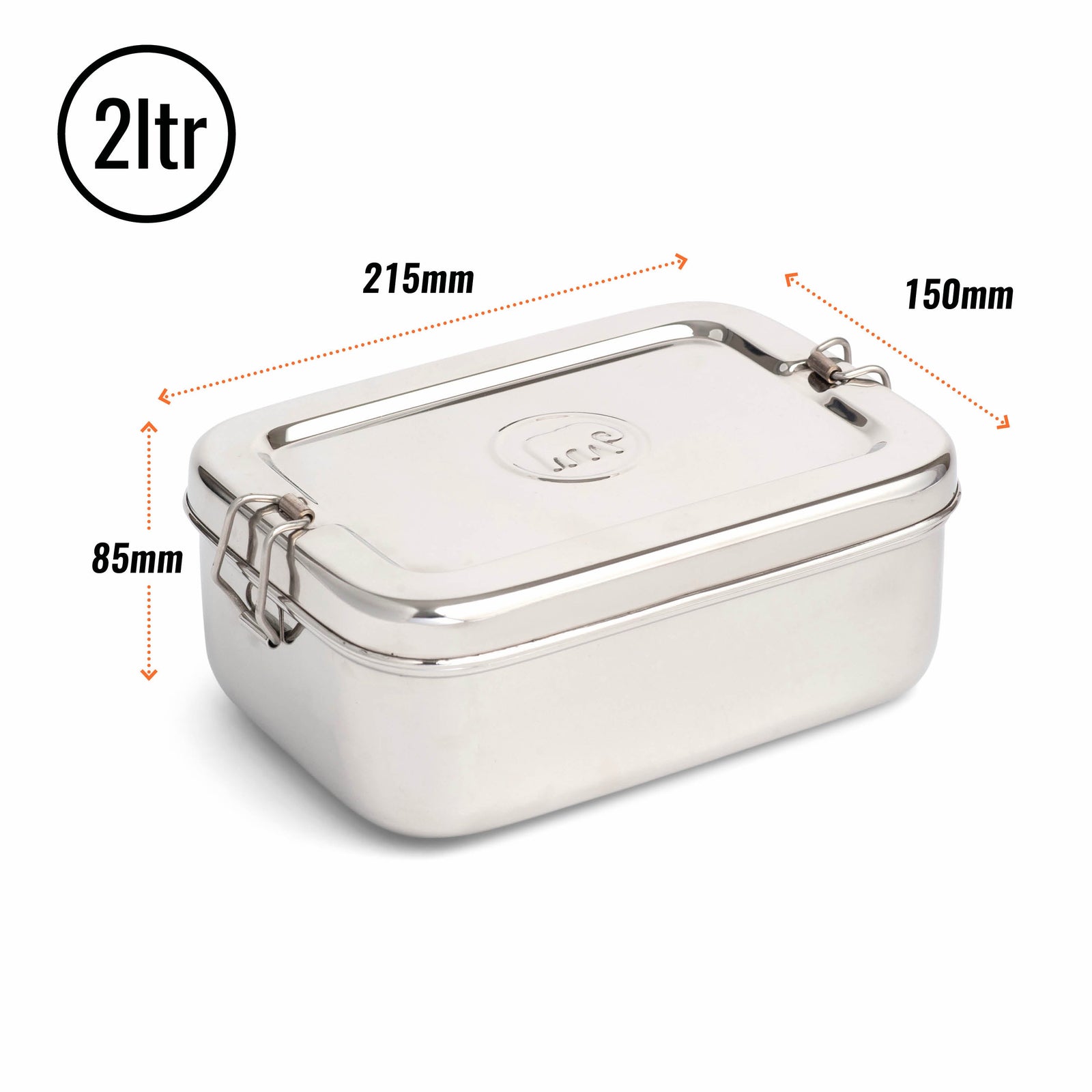 Elephant Box lunchbox showing dimensions and 2 litre capacity with sturdy clips to keep lid shut.