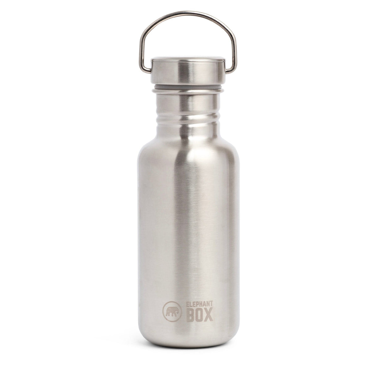 A stainless steel single wall water bottle with a carrying loop and elephant box logo on the front.
