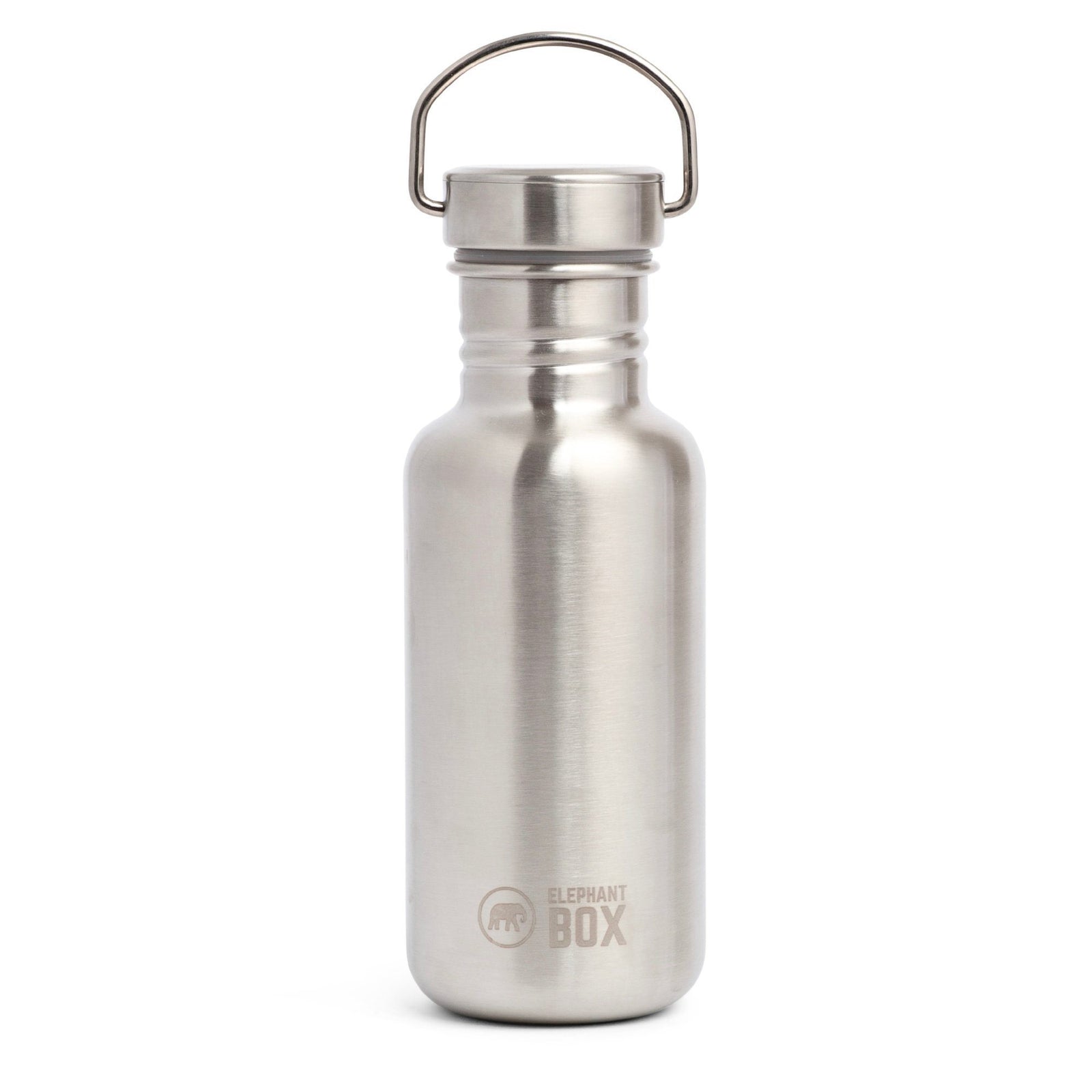 A stainless steel single wall water bottle with a carrying loop and elephant box logo on the front.
