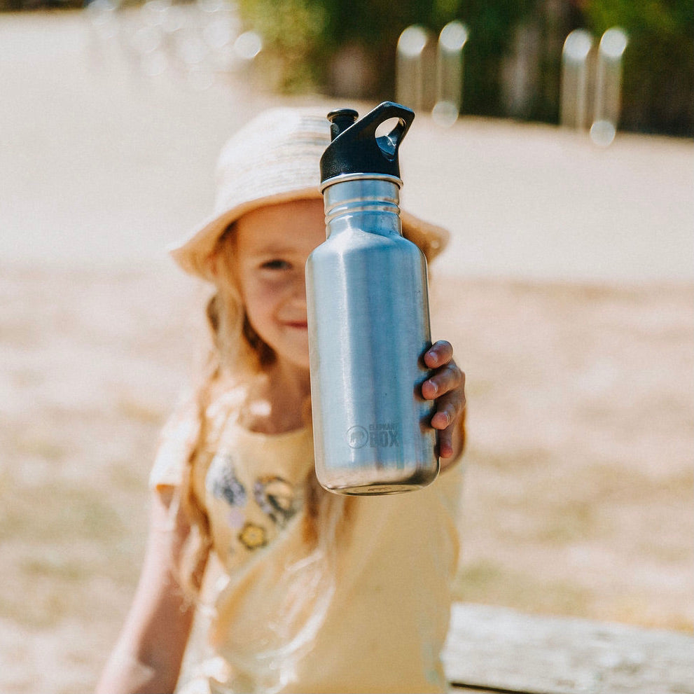 A stainless steel single wall water bottle with a carrying loop and elephant box logo on the front.