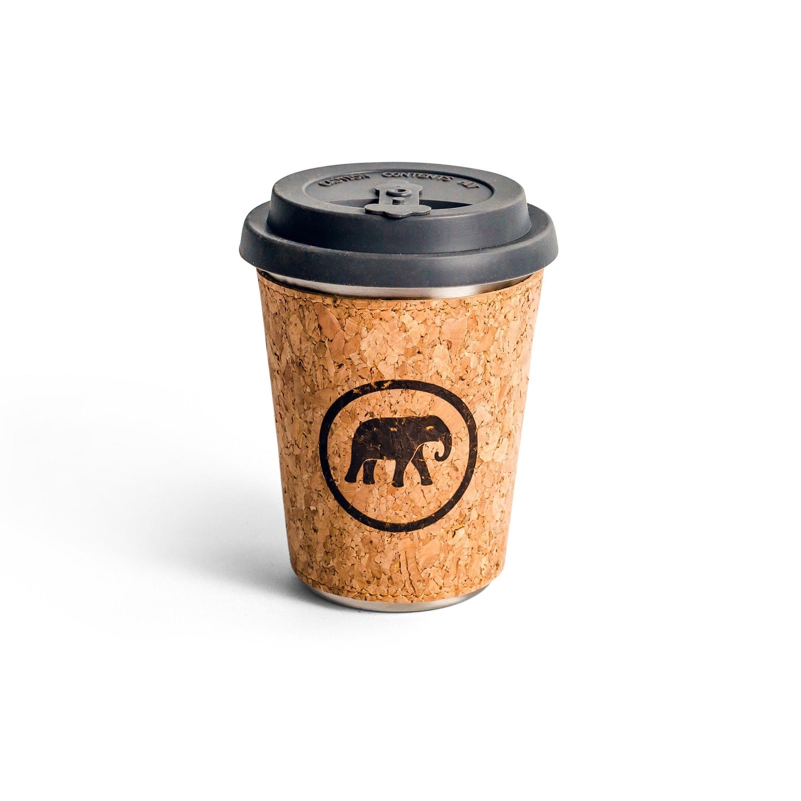 A reusable stainless steel takeaway cup with a cork sleeve and grey silicone lid, featuring an elephant logo.