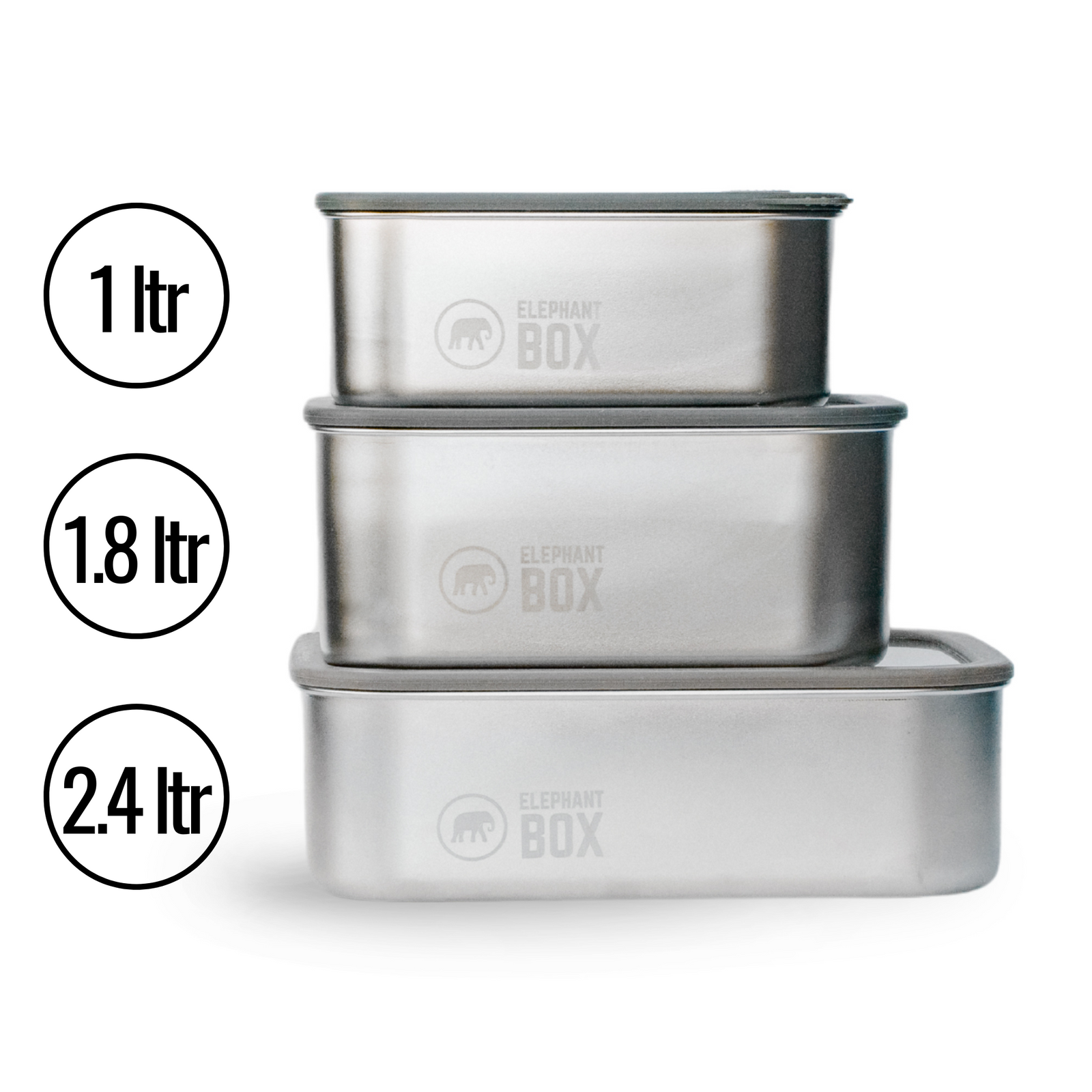 Set of three stainless steel containers with volume indicators on a white background