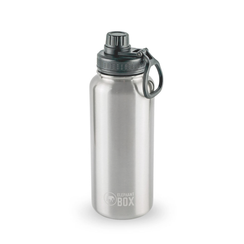 Stainless steel water bottle with black chug cap and handle on a white background