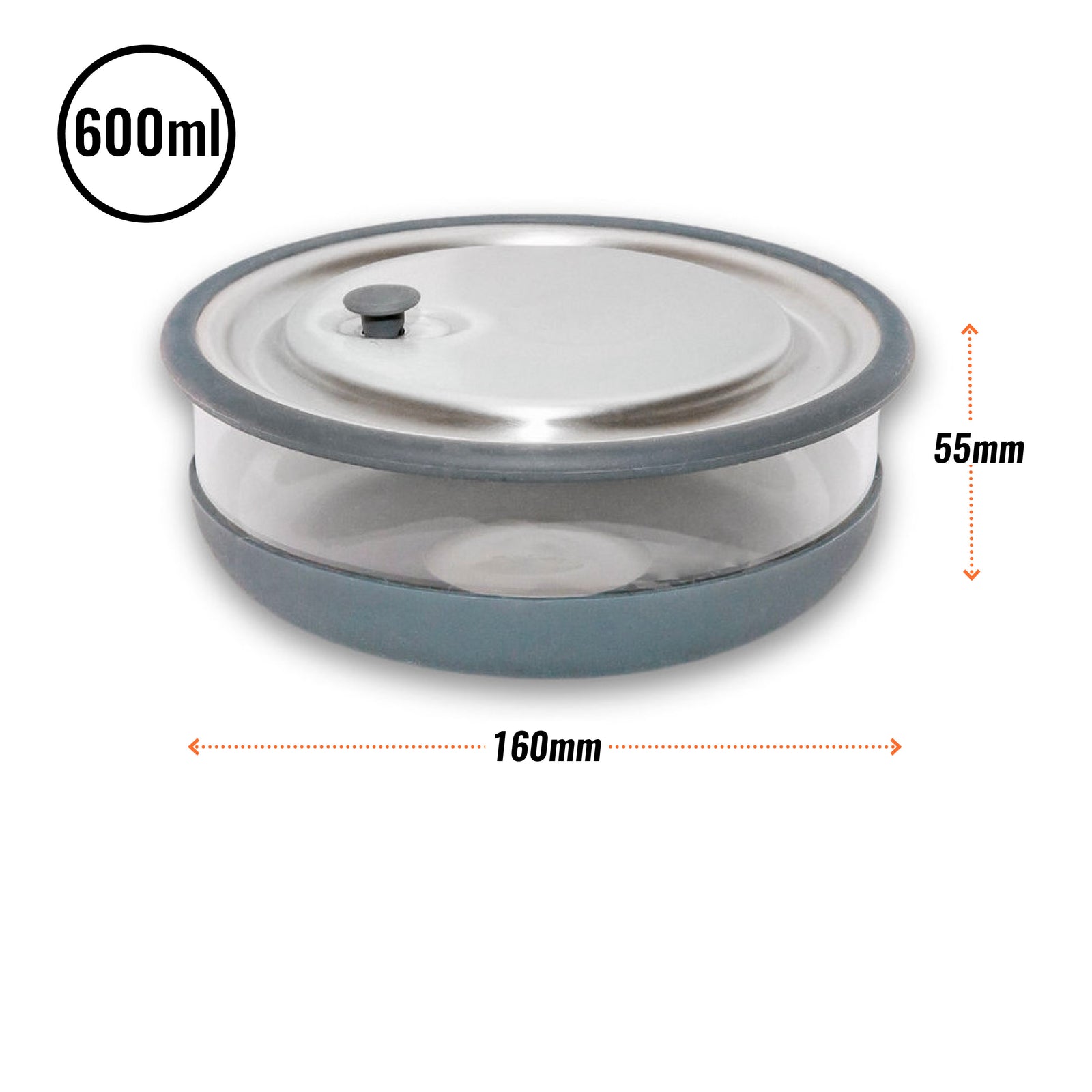 A medium-sized elephant box lunch bowl with a glass base and a grey silicone sleeve, featuring a stainless steel lid and a vacuum seal push down tab.