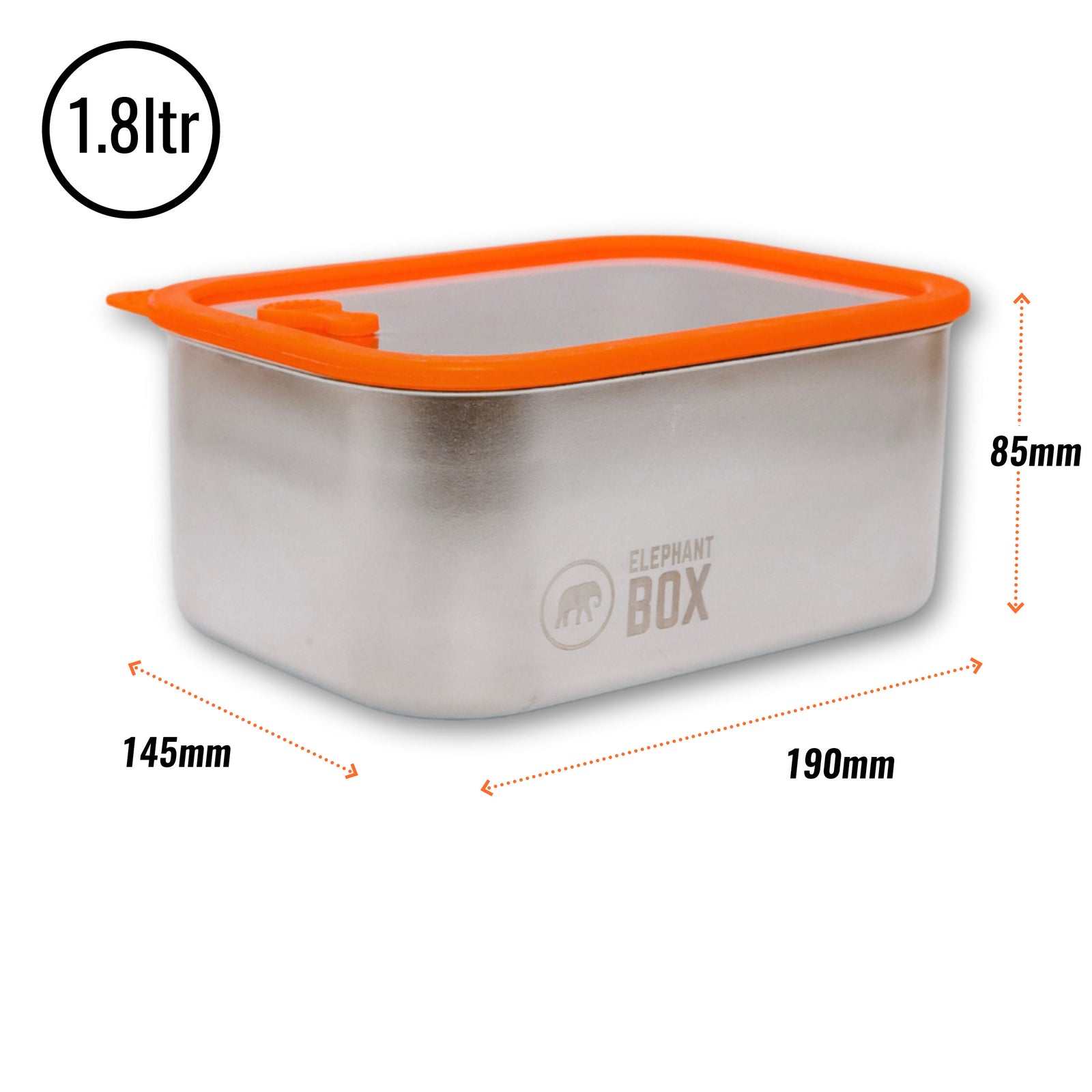 A rectangular stainless steel and borosilicate glass food storage container with a glass lid, featuring a push down vacuum tab for sealing. The container has an orange silicone seal and displays the brand name Elephant Box 