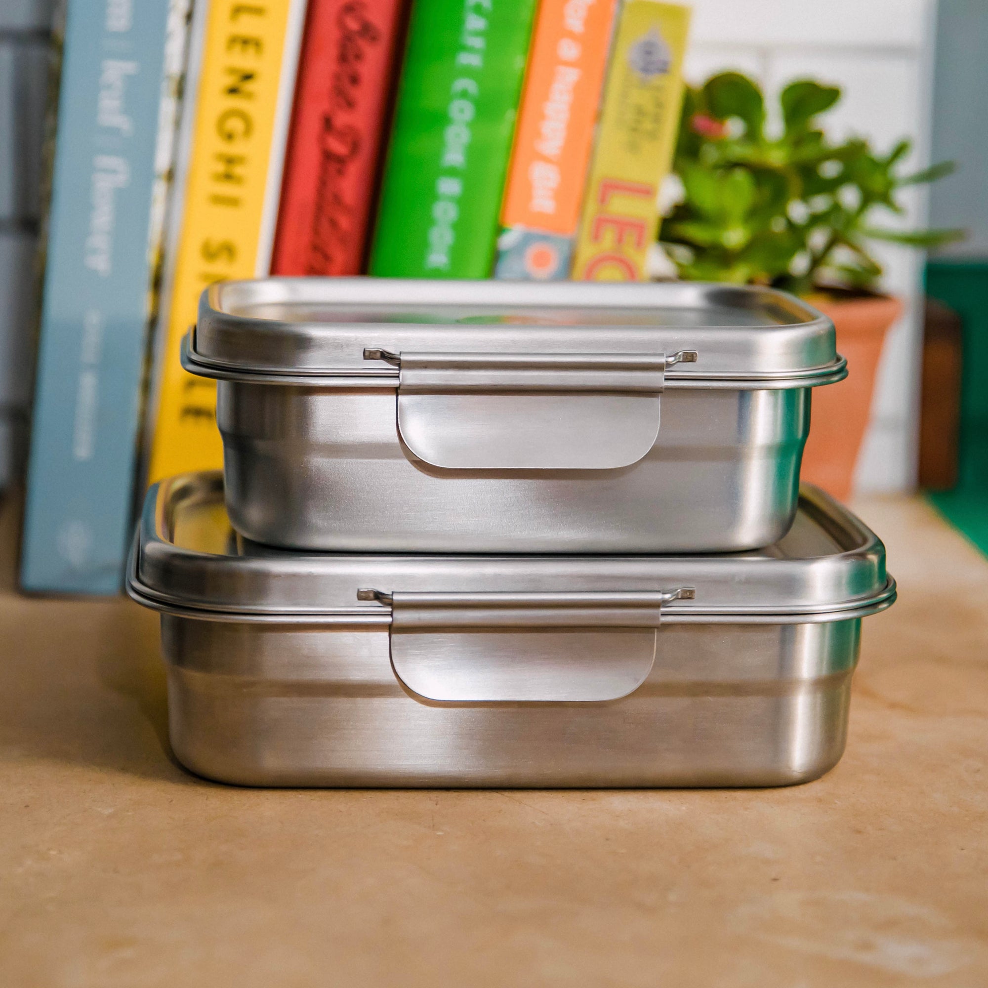 set of two leakproof Elephant Box Clip & Seal rectangular lunchboxes made from 304 grade stainless steel. Featuring clips on the sides 