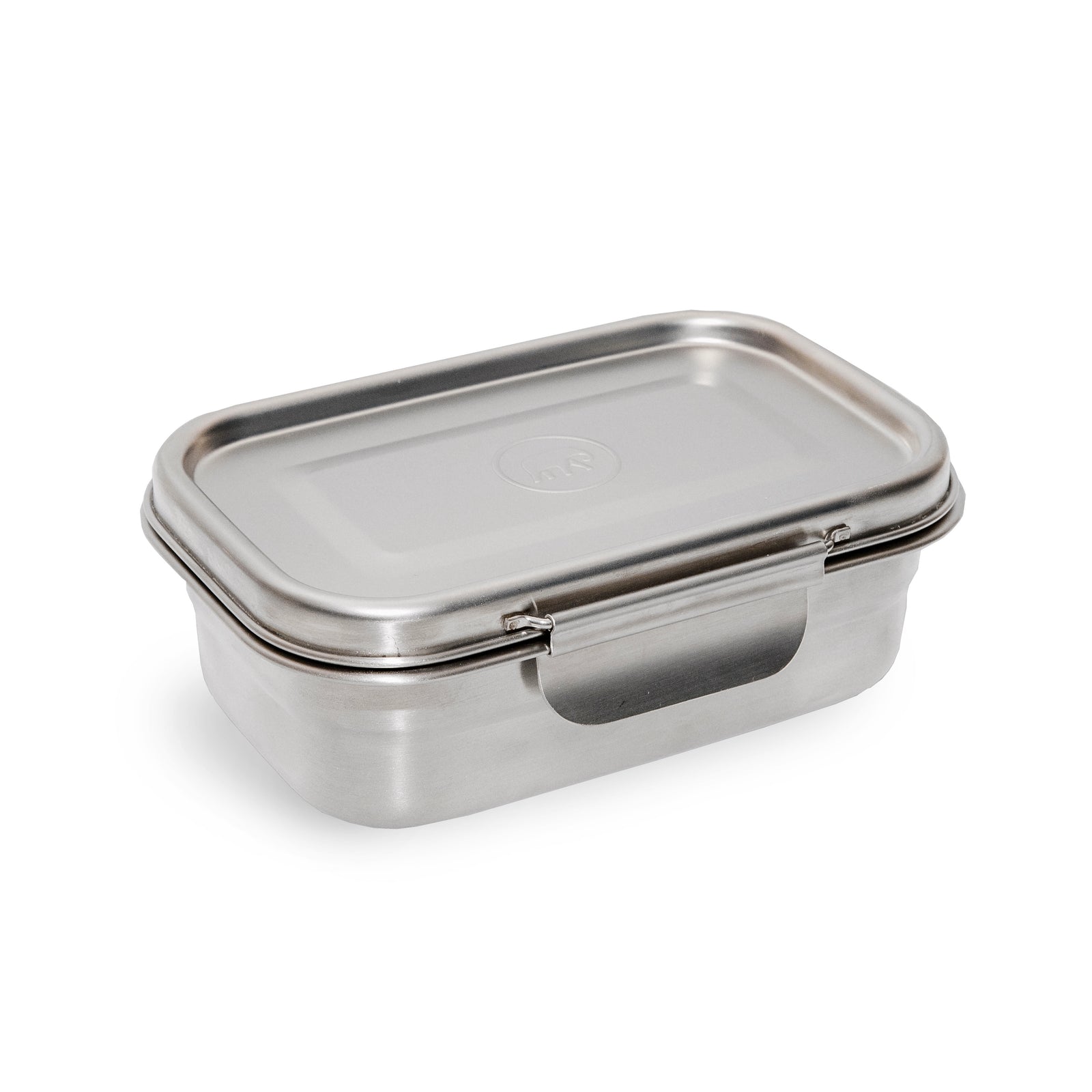 A small rectangular stainless steel lunchbox with a green band and a clip closure.