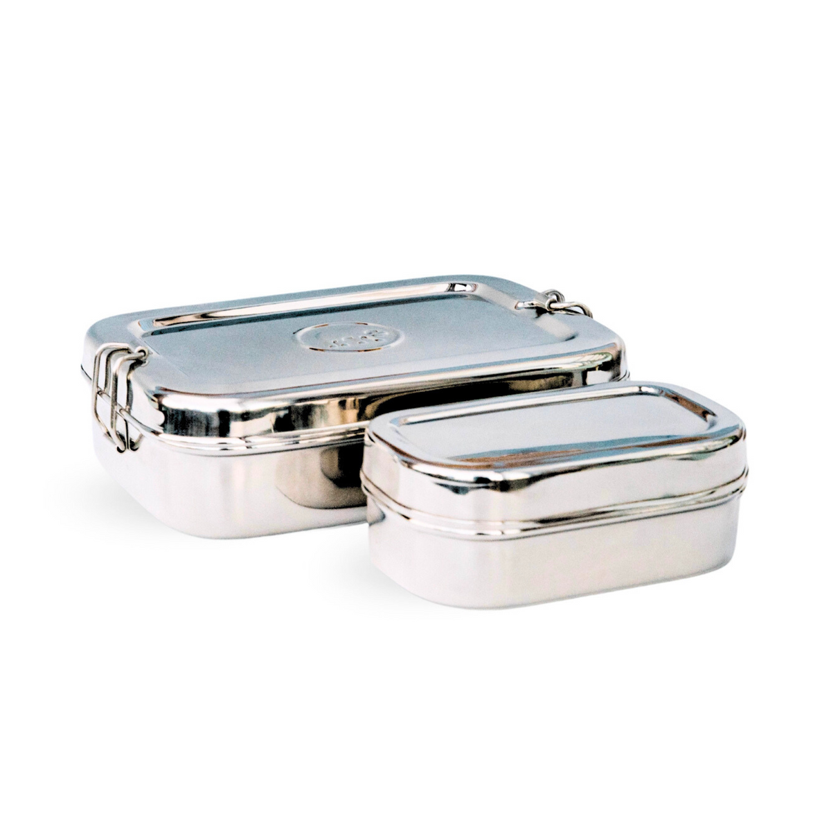 A stainless steel Jumbo Two-In-One lunch box set with a large snack pod and a lid, featuring roll clips on the side.
