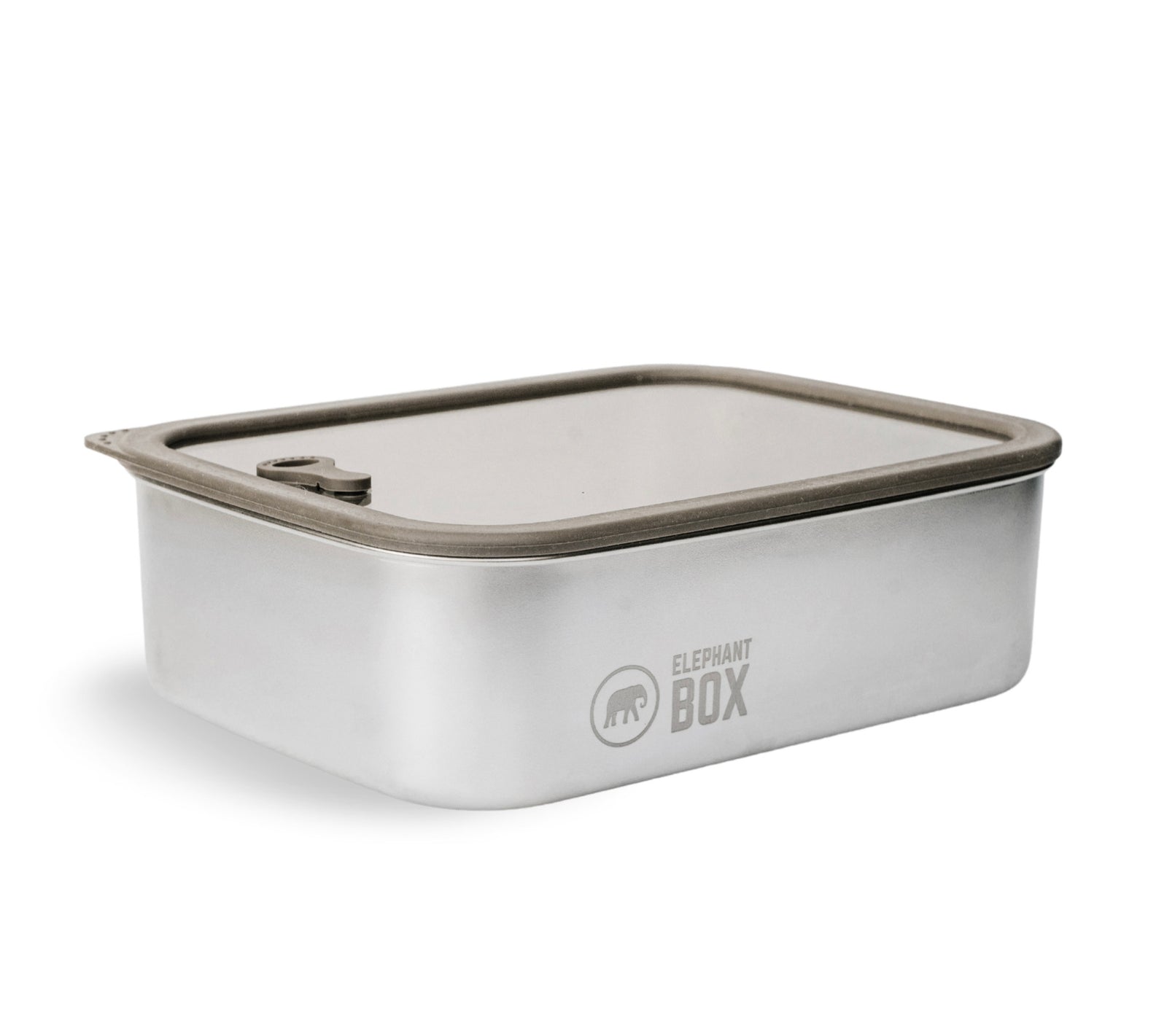 Stainless steel food container with borosilicate glass lid on a white background, featuring the Elephant Box logo. Grey leakproof silicone seal and vacuum tab. 