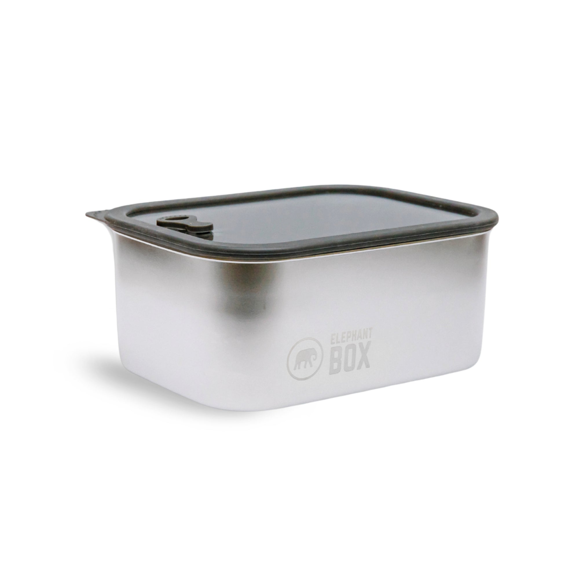 A rectangular leakproof steel food storage container with a borosilicate glass lid, featuring a push down tab for vacuum sealing. The container has a grey silicone seal and vacuum tab and displays the brand 'Prep & Store'.