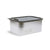 A rectangular leakproof steel food storage container with a borosilicate glass lid, featuring a push down tab for vacuum sealing. The container has a grey silicone seal and vacuum tab and displays the brand 'Prep & Store'.