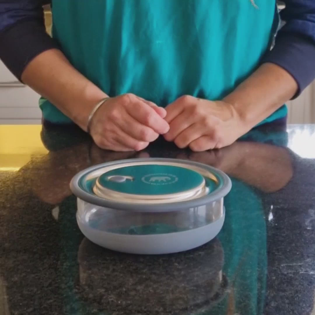 a video displaying the Elephant Box steel & glass leakproof round lunch bowl. 