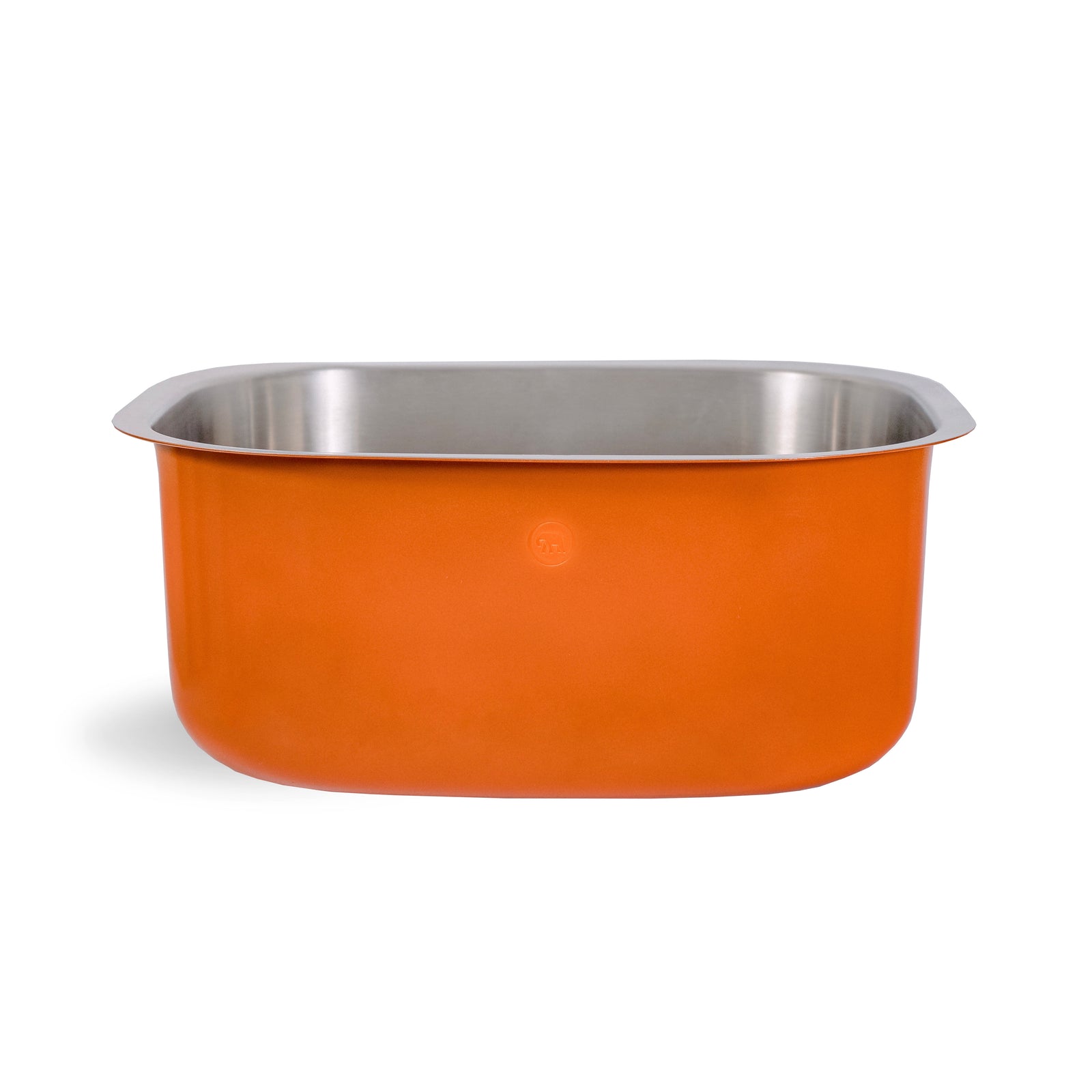 A large 10 litre stainless steel washing up bowl with a vibrant orange powder coat finish. 