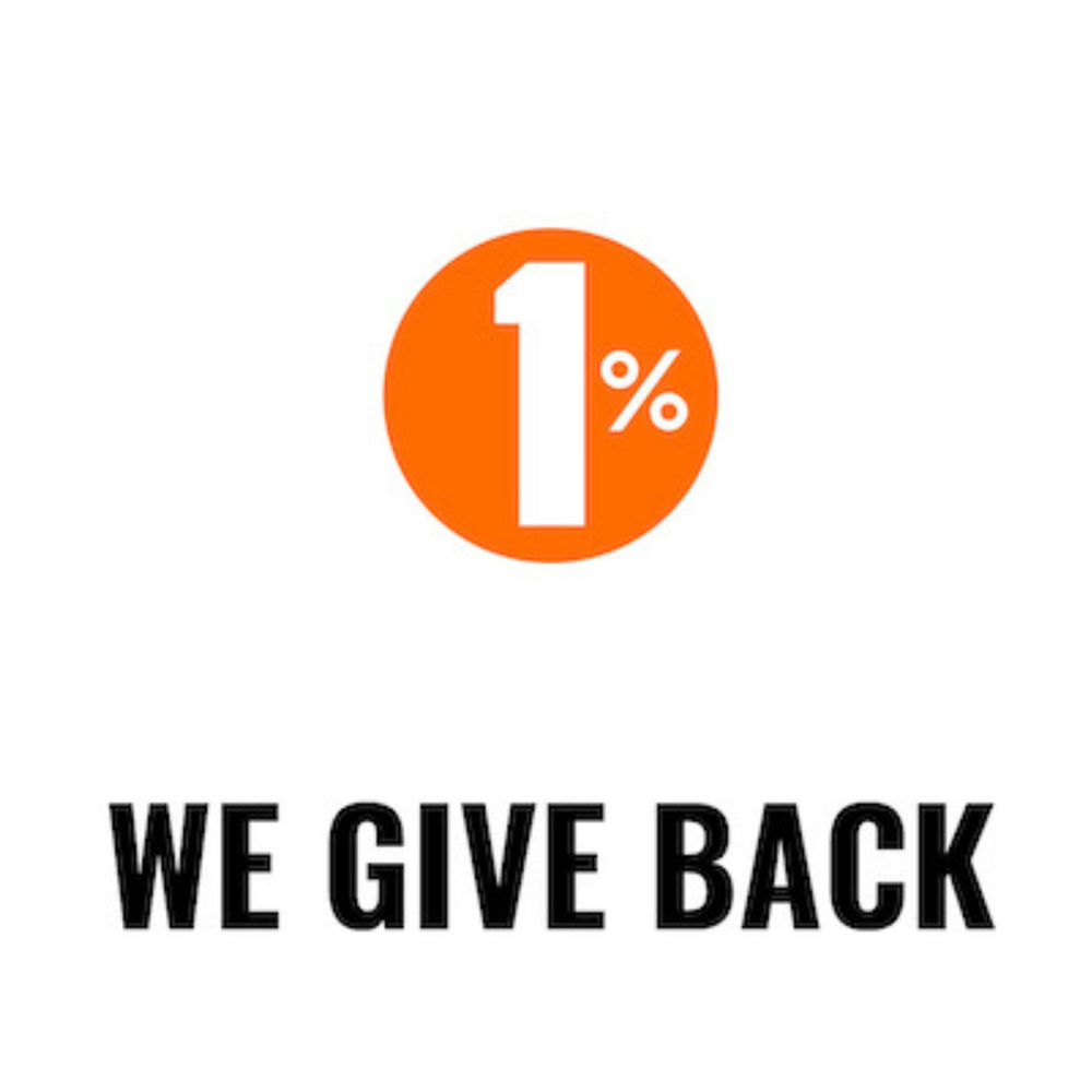 Logo with an orange circle featuring the 1% for the planet logo  accompanied by the text 'WE GIVE BACK' on a white background.