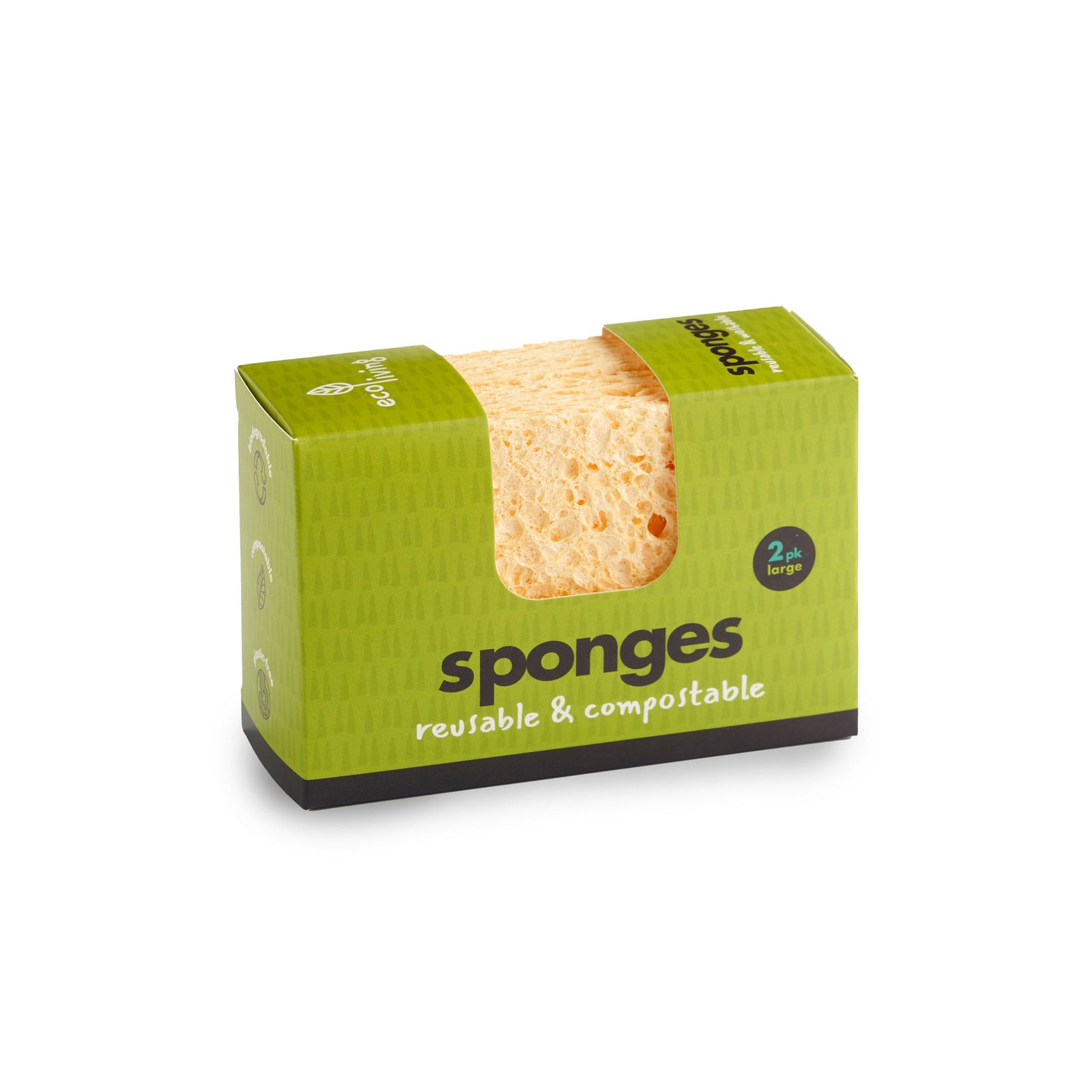 A green and beige sponge packaging with one sponge visible through a cut-out window, labeled as reusable and compostable.