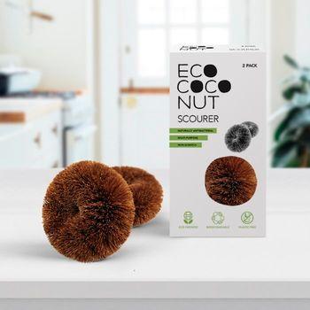 A 2-pack of EcoCoconut brand multipurpose scourers, with both scourer visible in front of the packaging.