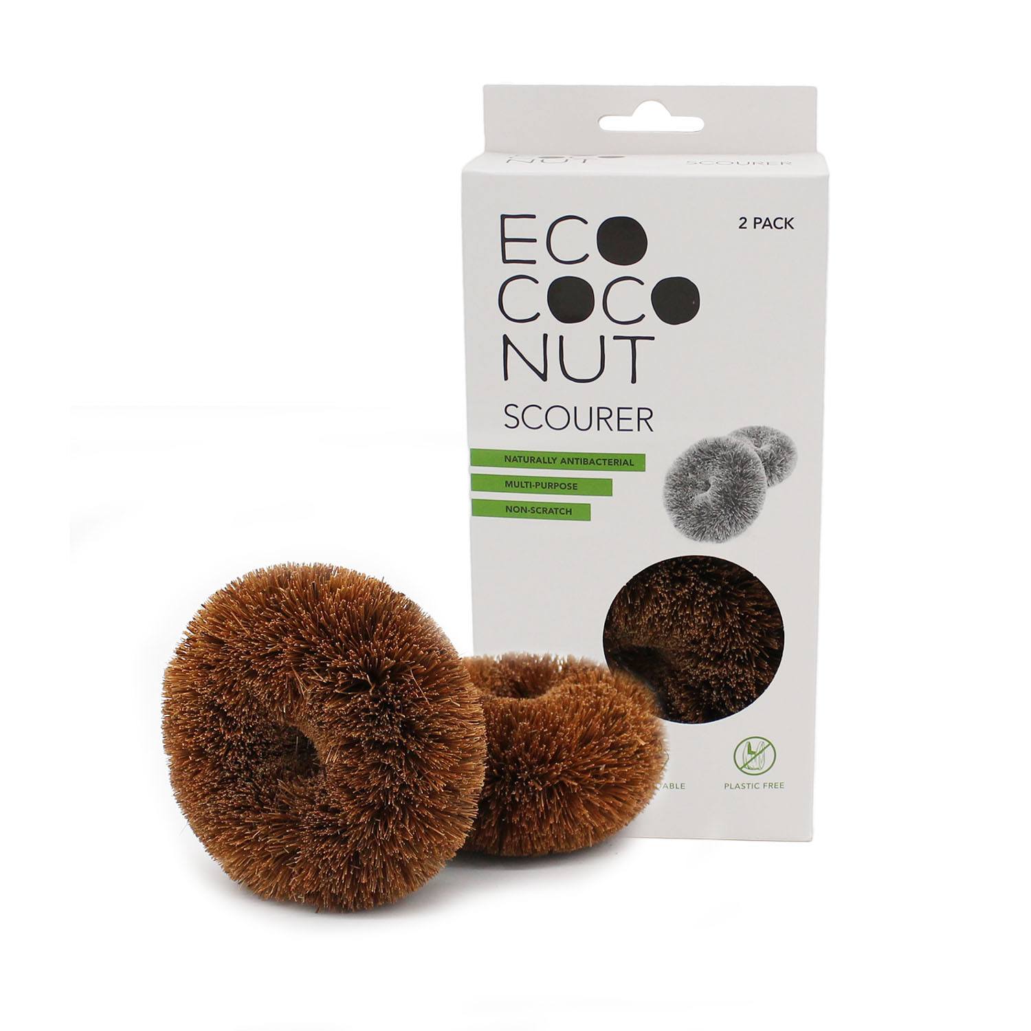 A 2-pack of EcoCoconut brand multipurpose scourers, with both scourer visible in front of the packaging.
