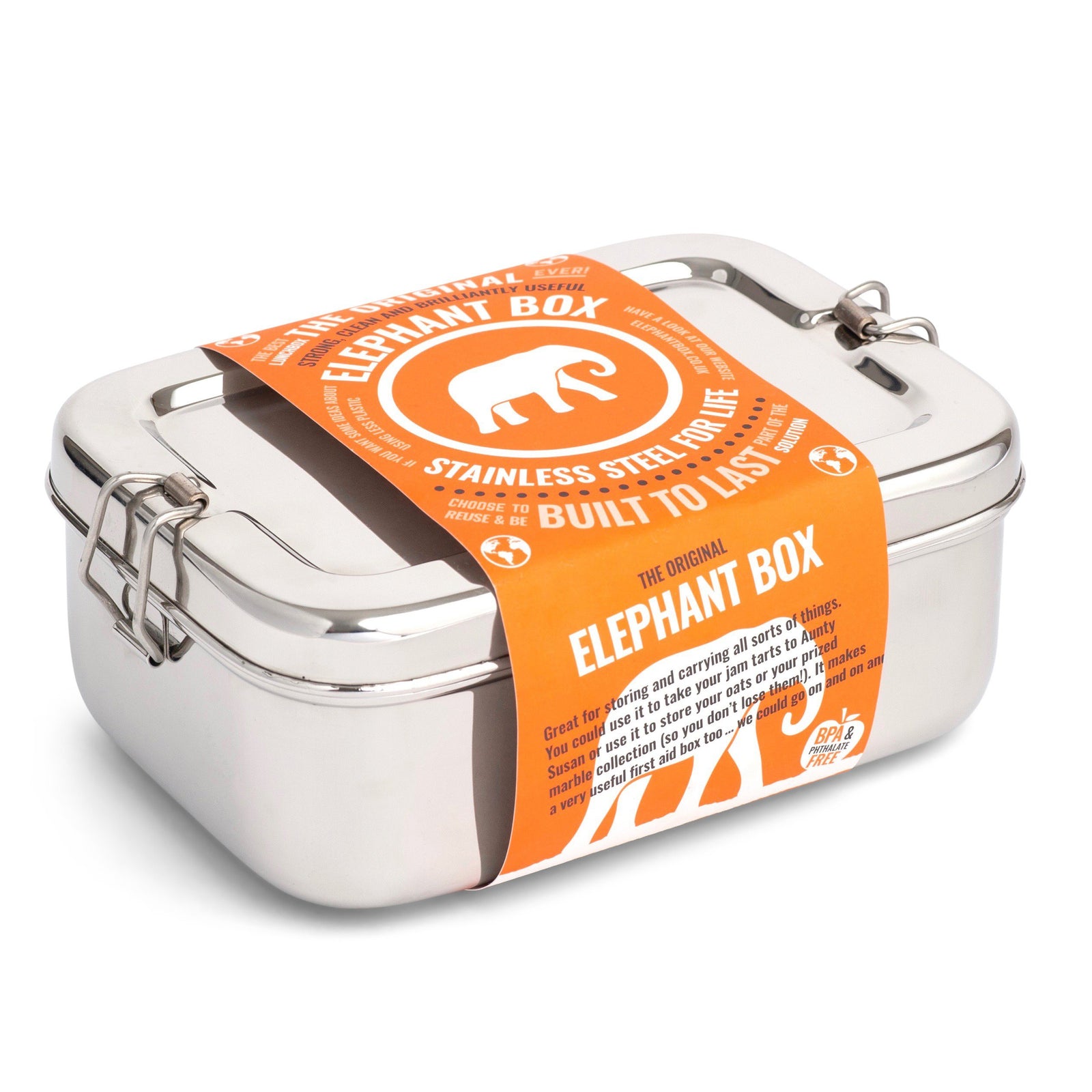 A silver rectangular stainless steel lunchbox with a label that has 'ELEPHANT BOX' written on it, alongside an illustration of an elephant and some text.