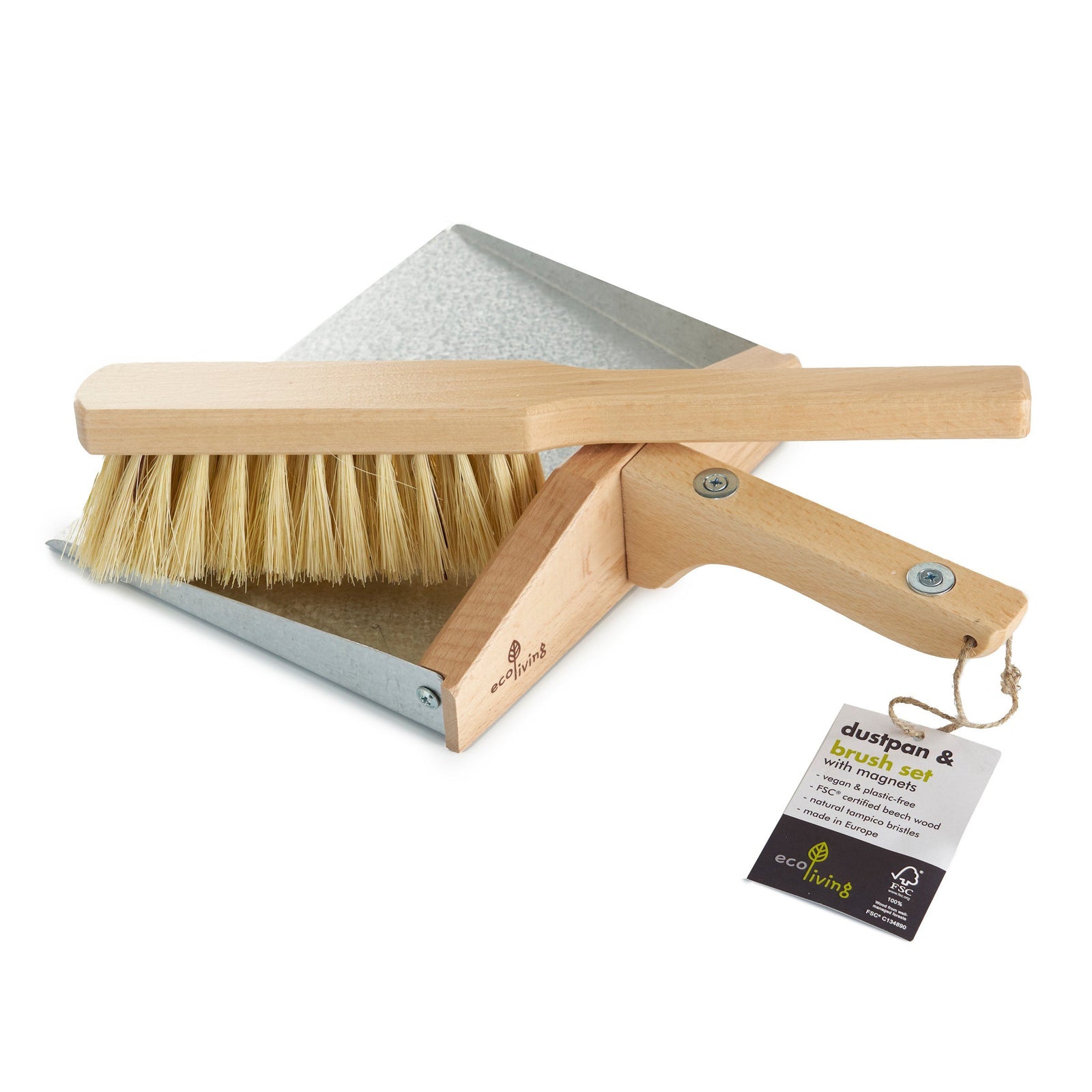 A metal dust pan with a wooden handle and a wooden brush with natural bristles, both with visible branding tags from Ecoliving 