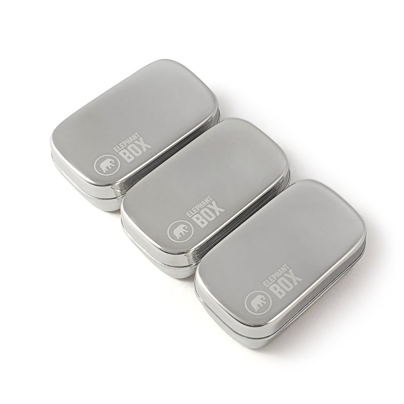 Three silver stainless steel snack storage containers with lids, displaying the brand name 'Elephant Box' on the top.