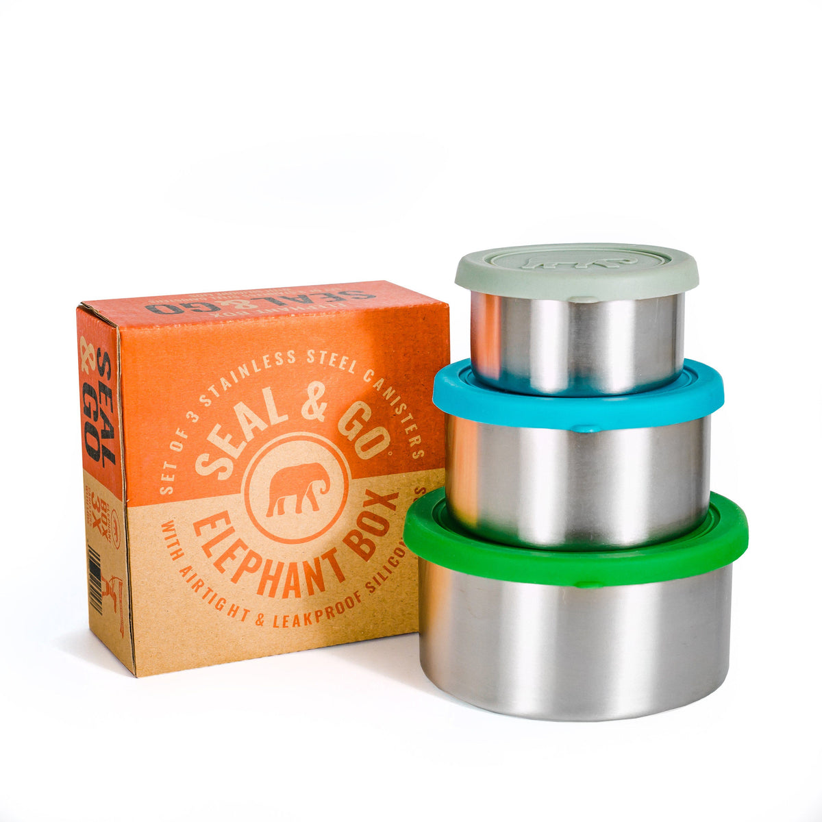 Set of Three stainless steel airtight containers with blue, green and grey silicone lidsdisplayed alongside their orange packaging box with 'SEAL & GO ELEPHANT BOX' written on it.