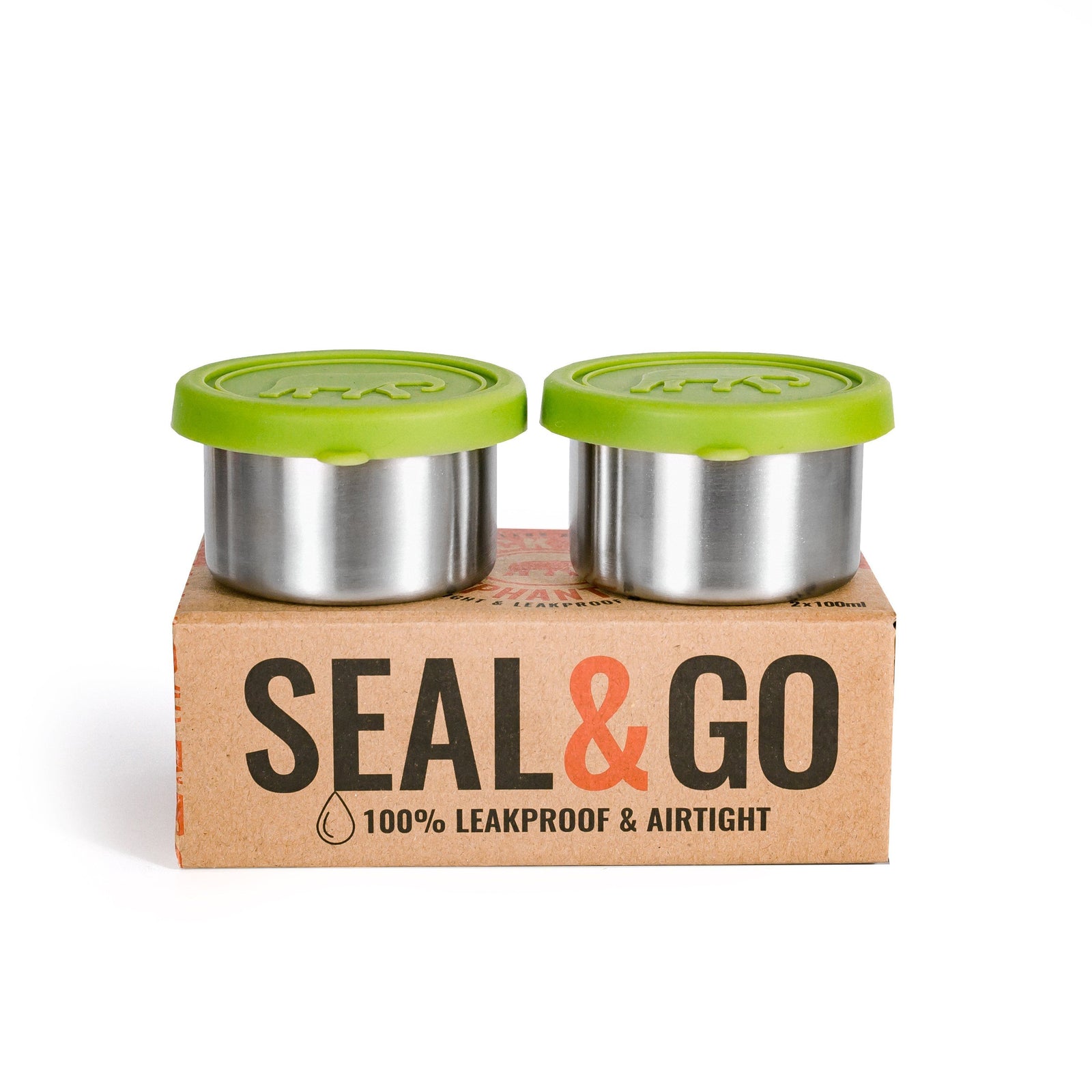 Two stainless steel snack pots with green silicone lids on top, packaged on a cardboard box with 'SEAL&GO 100% LEAKPROOF & AIRTIGHT' text.
