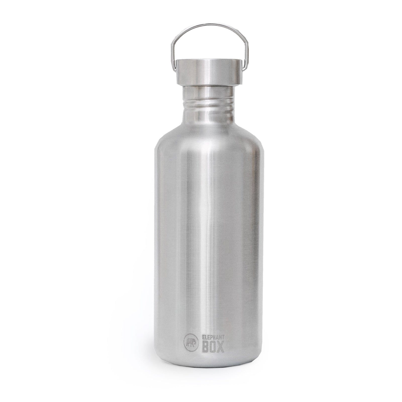 A large 1 litre silver stainless steel single wall water bottle with a cap and a wide mouth, featuring a carabiner clip.