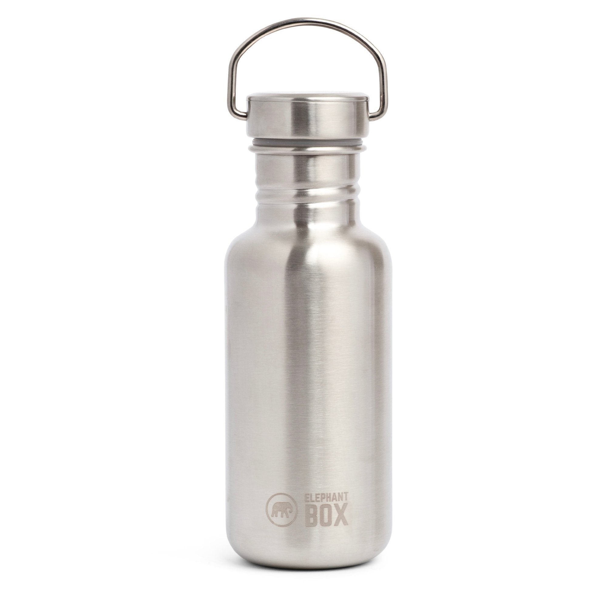 A stainless steel single wall water bottle with a carrying loop and elephant box logo on the front.