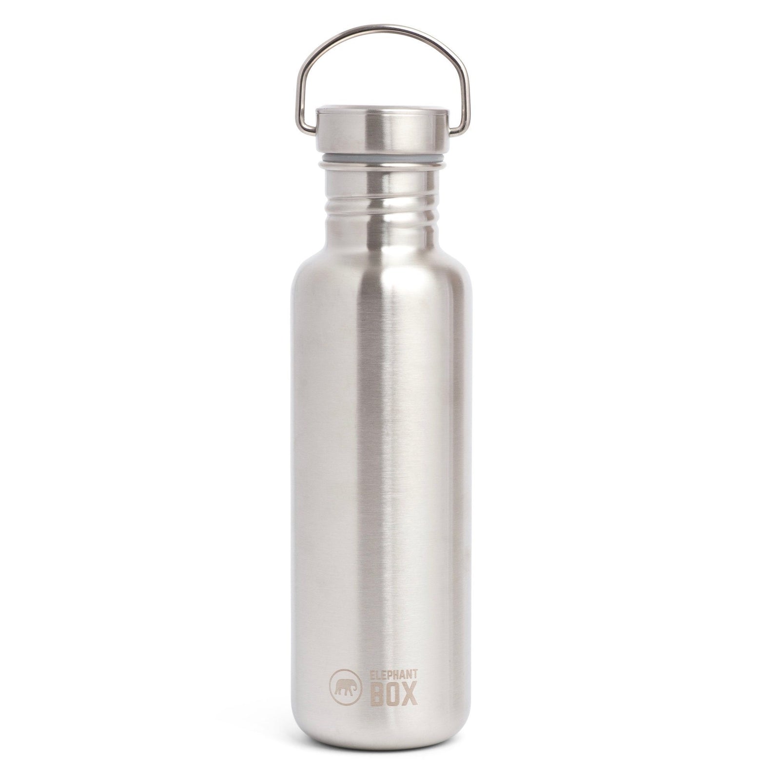 A silver stainless steel single-wall water bottle with a carry loop and elephant box  logo, against a white background.