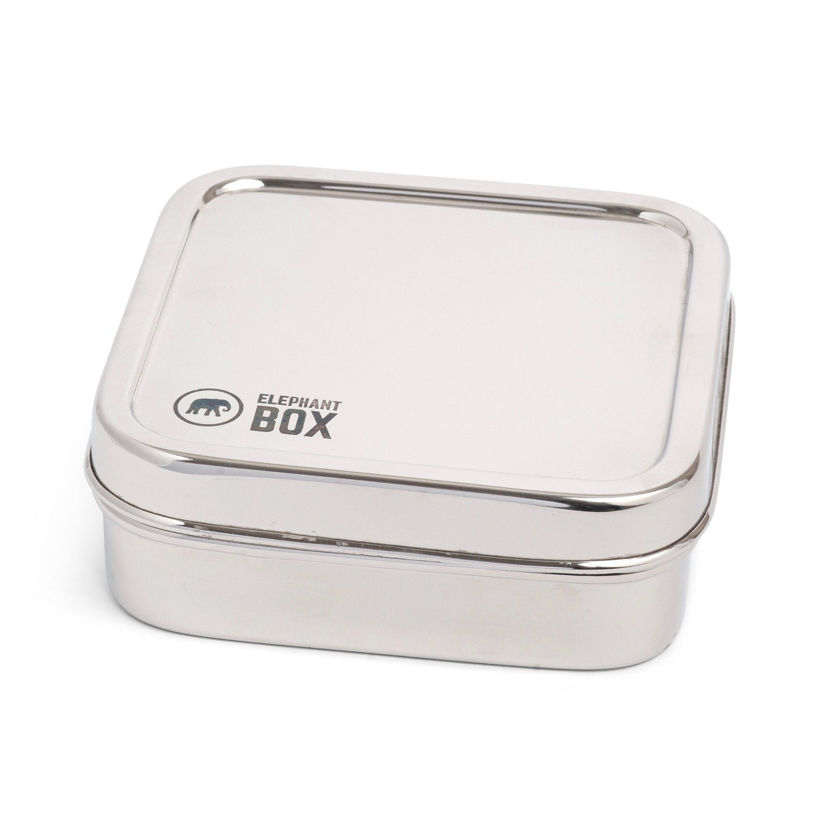 A silver stainless steel square salad box with a capacity of 600ml, branded with 'Elephant Box', a lunch box brand.