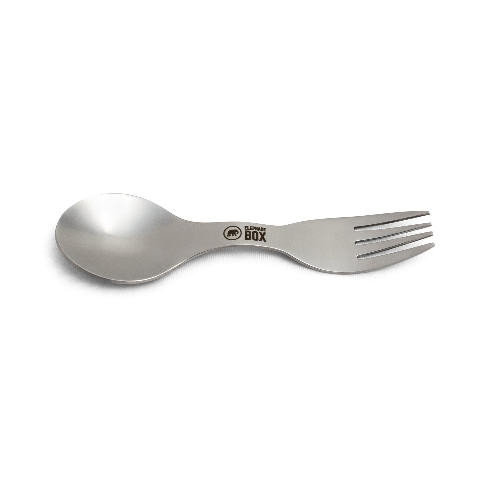 A stainless steel spork with a spoon on one end and a fork on the other, with a elephant box  logo in the centre.