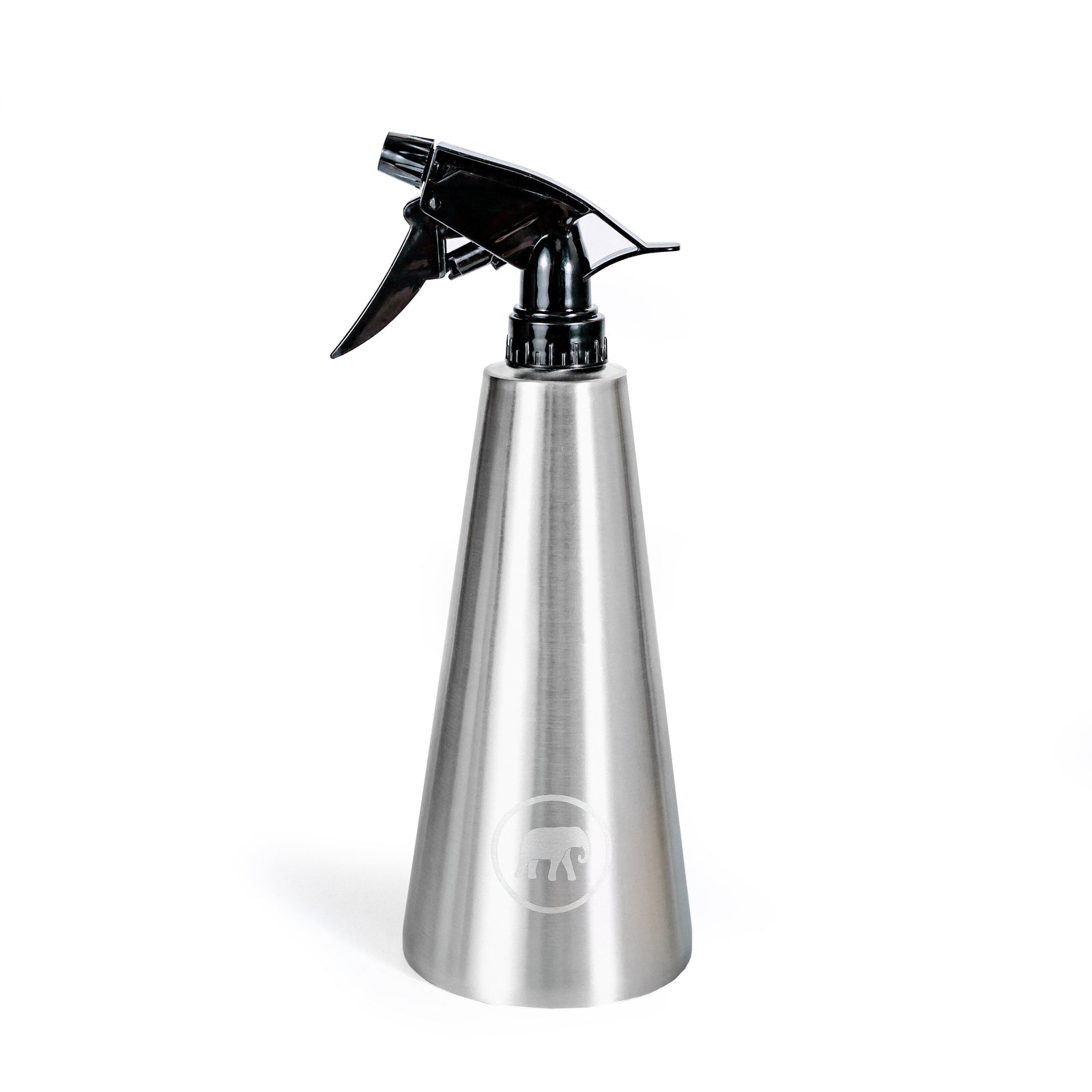 A stainless steel reusable spray bottle with a black pump action trigger spray .