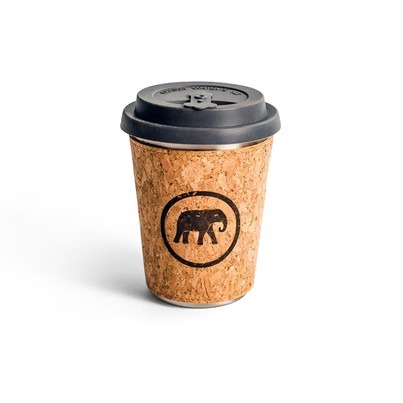 A reusable stainless steel takeaway cup with a cork sleeve and grey silicone lid, featuring an elephant logo.