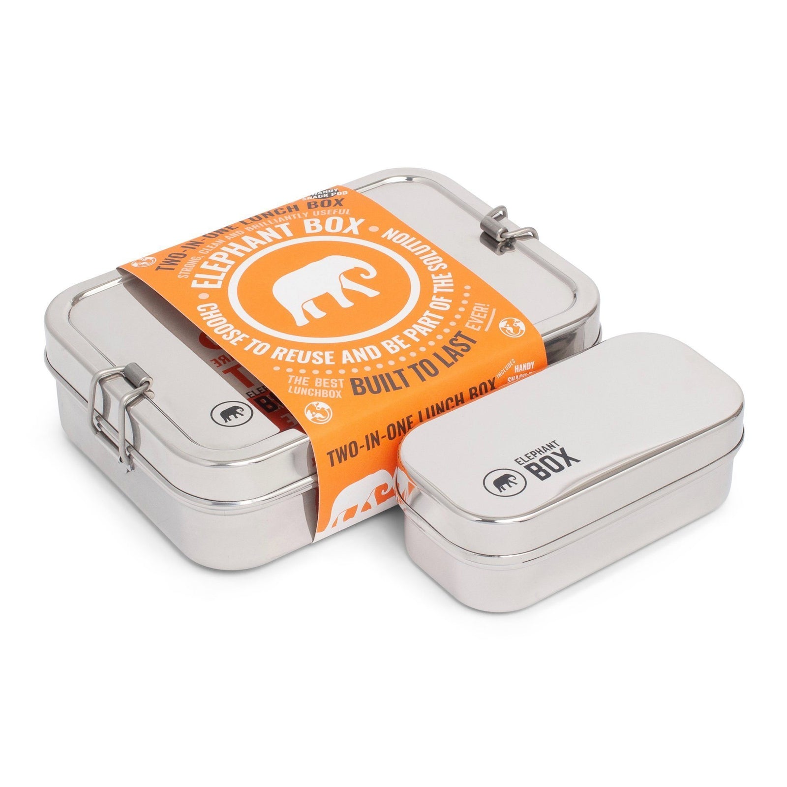 A stainless steel two-in-one lunchbox set with a larger box and a detachable smaller box inside, both with elephant box branding.